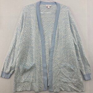 Belle by Kim Gravel Blue White Zebra Print Open Front Relaxed Knit Cardigan